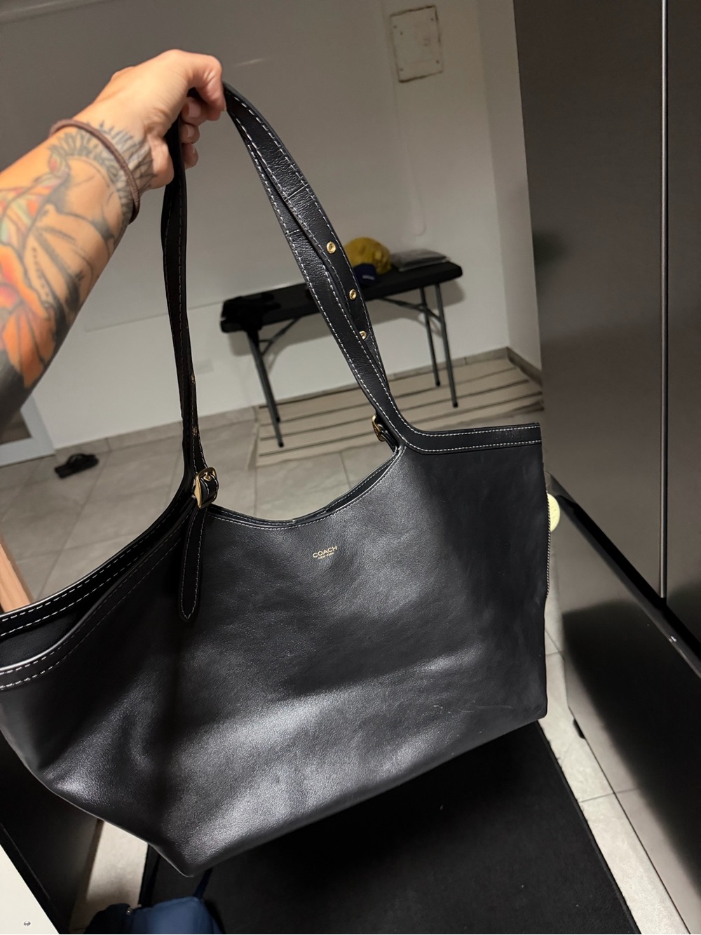 Coach Black Leather Tote with Gold Accent